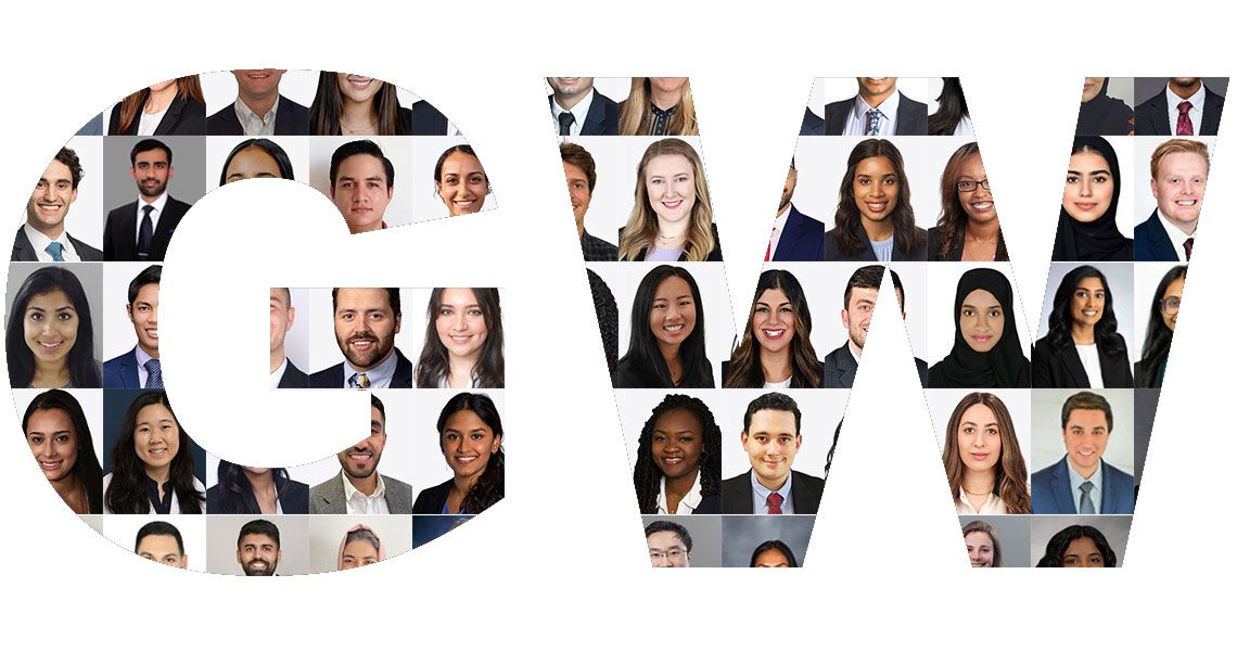 Collage of 2025 Internal Medicine Residents in the shape of the GW letters
